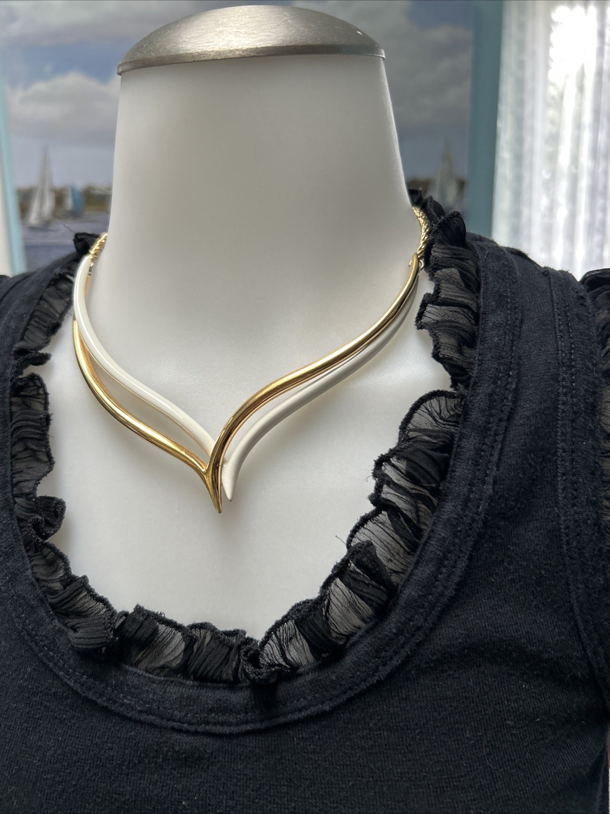 Vintage Monet Double V Neck Swirl Choker Necklace Two Tone Gold Off White Signed