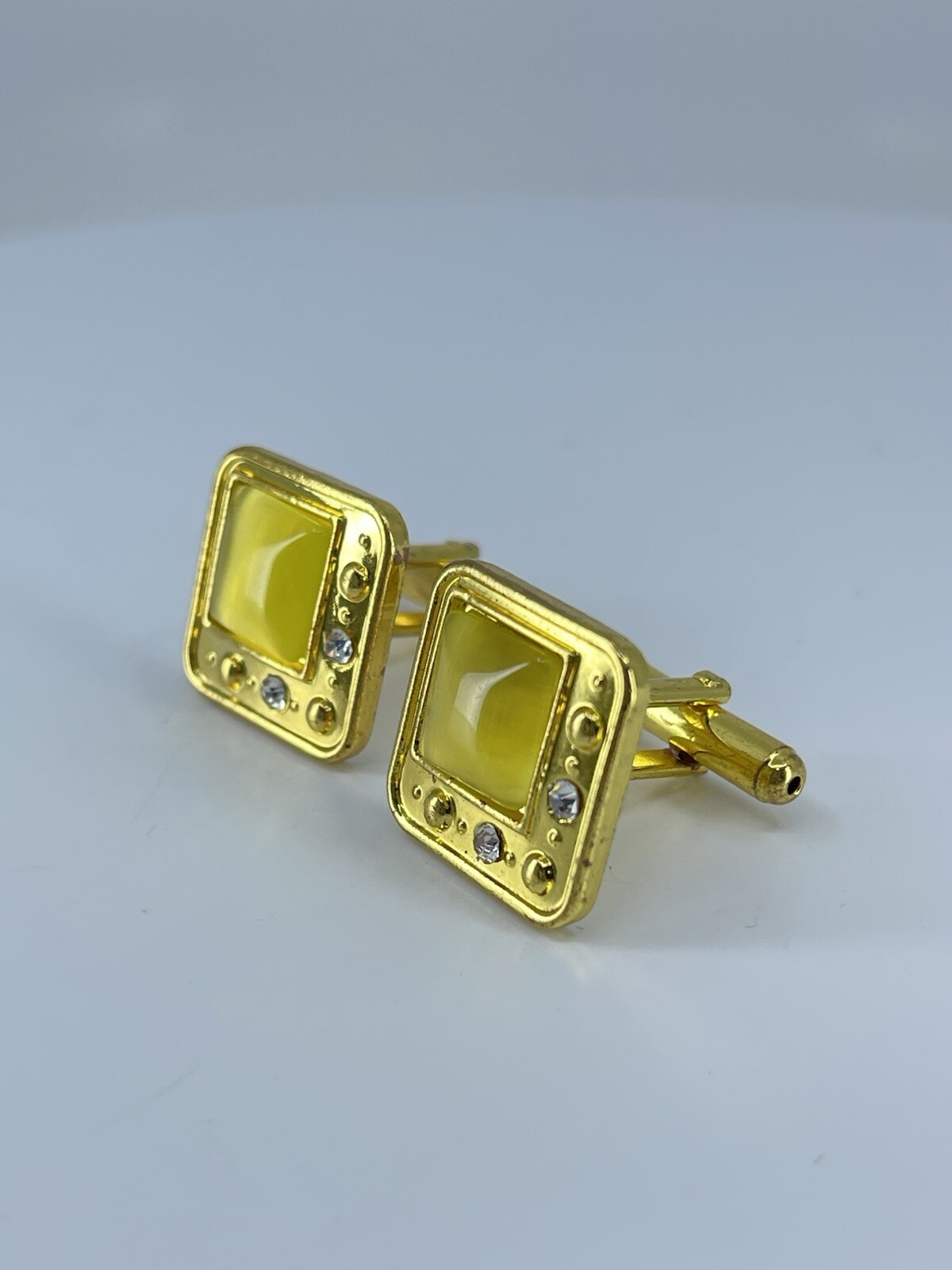 gold tone square yellow glass cufflinks white rhinestones accents bullet backs