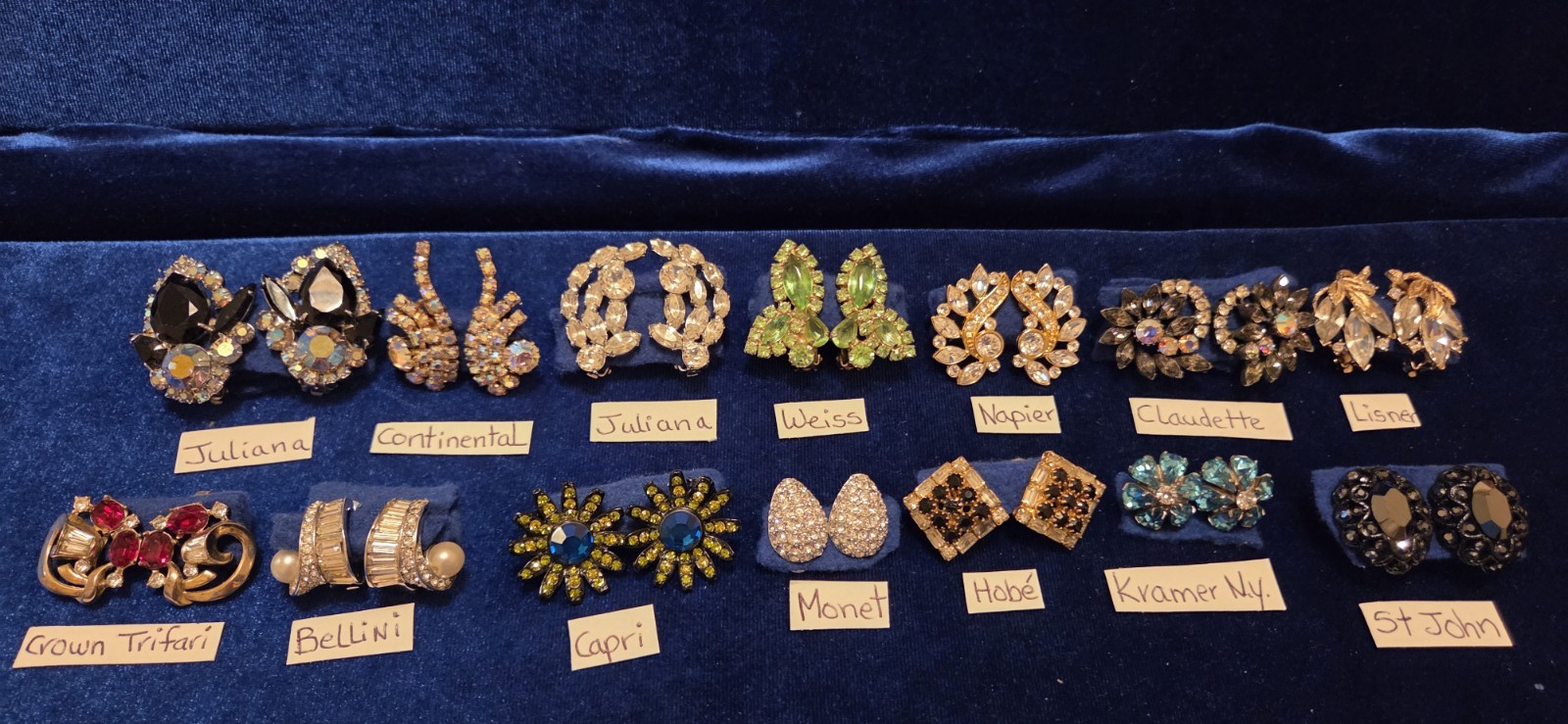 Vintage Rhinestone Earrings Lot Of 27. 12 Signed Monet Weiss Hobe Trifari Kramer