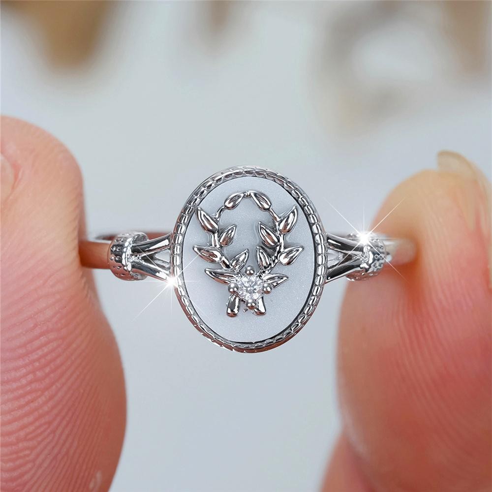 Vintage Gold Silver Oval Leaf Ring White Enamel Stone Women Wedding Jewelry Gift