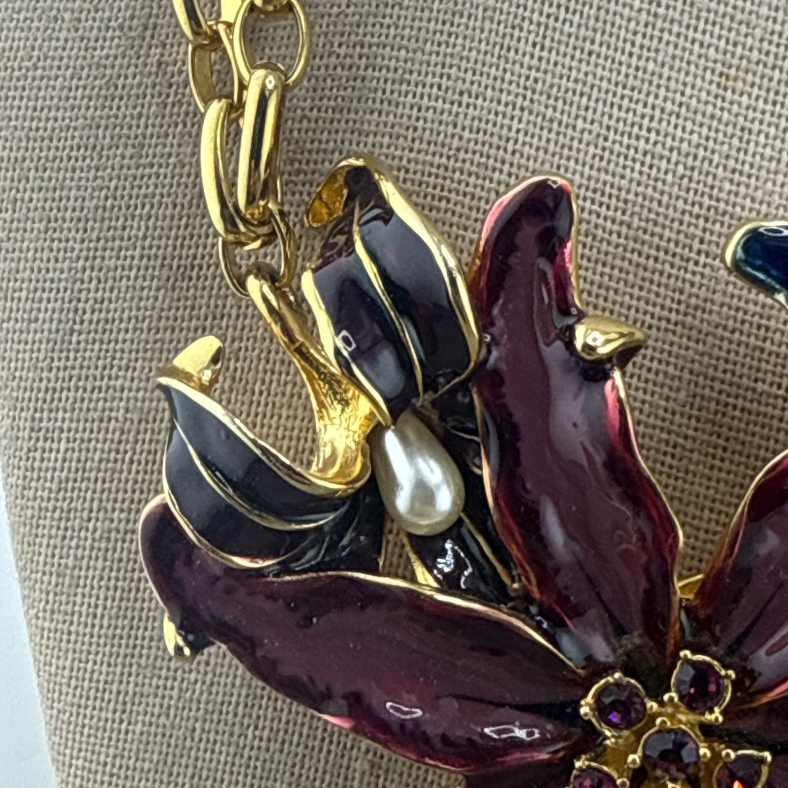 Vintage Kenneth Lane Statement Necklace Gold Tone Purple Lily Flower KJL 16”
