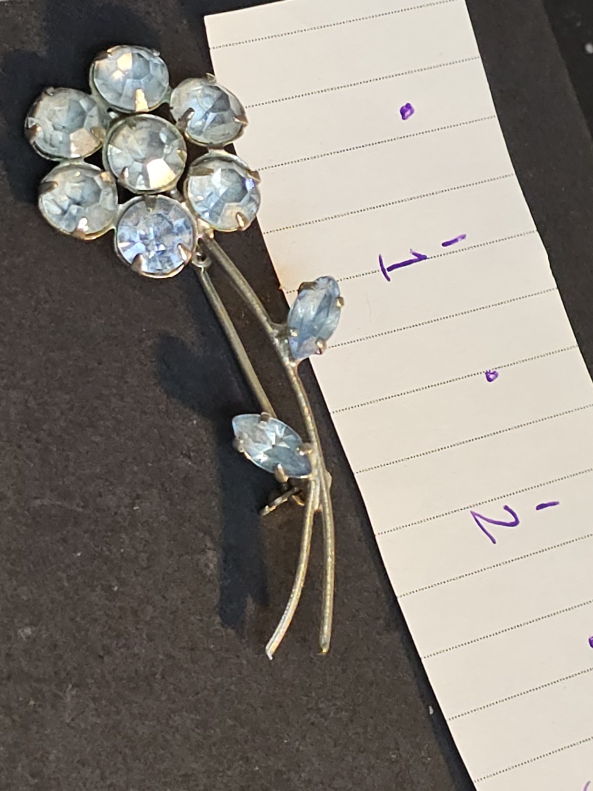 Vintage Azub Austrian Light Blue Crystal Flower Brooch Silver Tone Stem Leaves