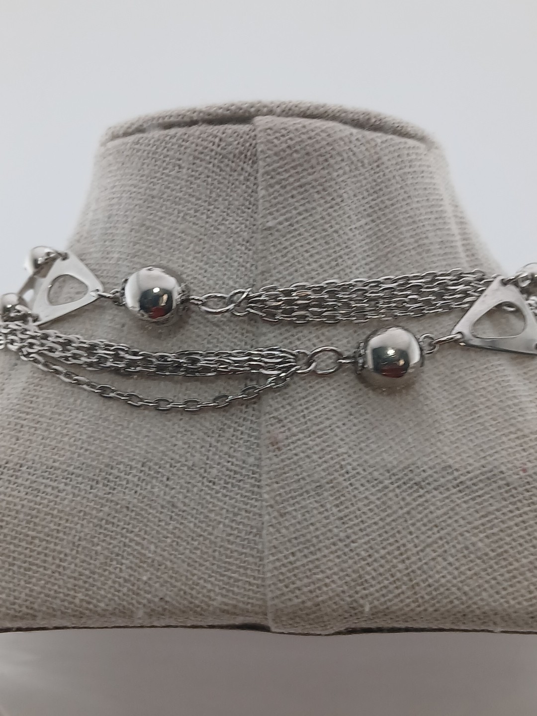 1960s silver tone multi chains ball beads open triangle design accents necklace