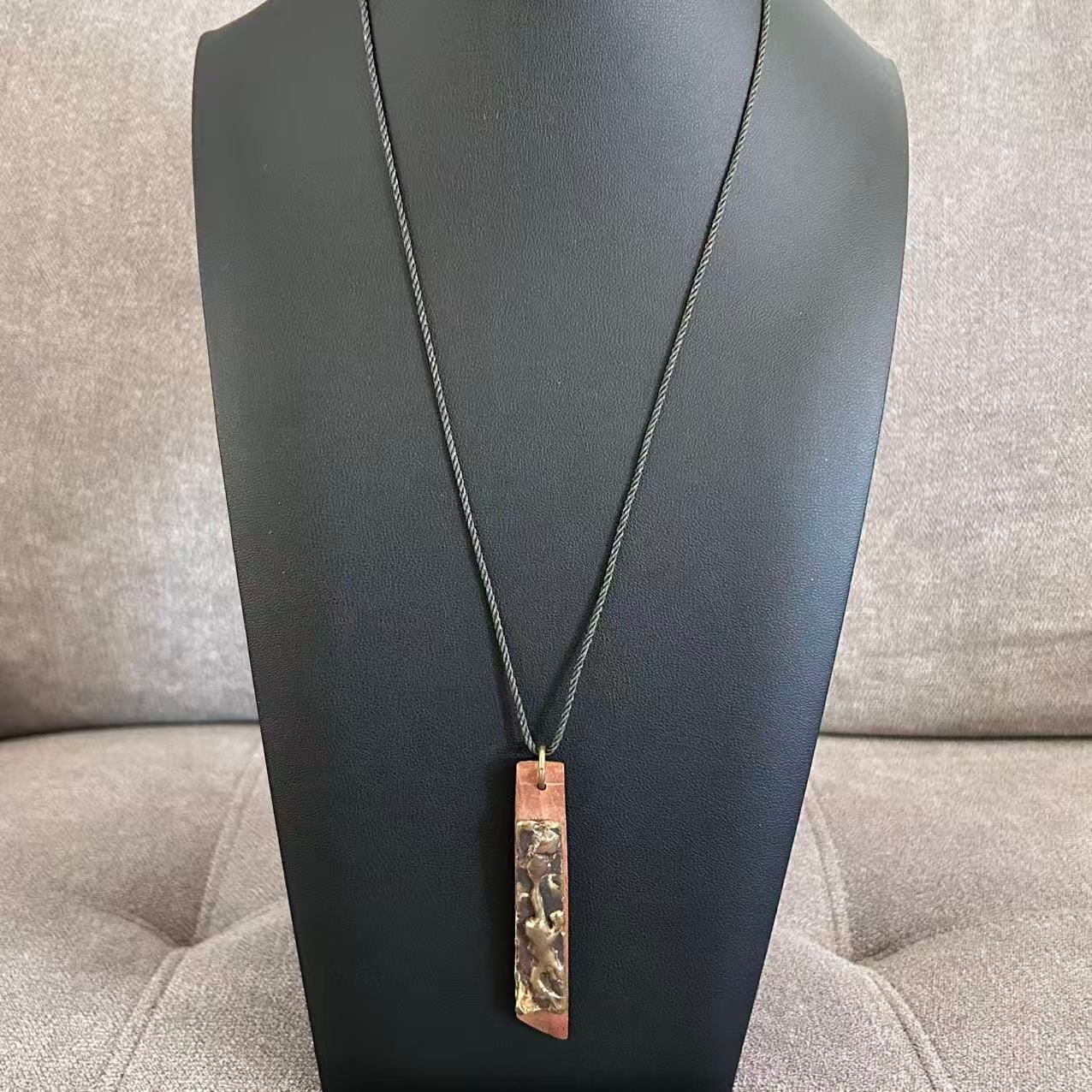 Vintage Signed MJC Brutalist Modernist Abstract Pendant Necklace Bronze Tone