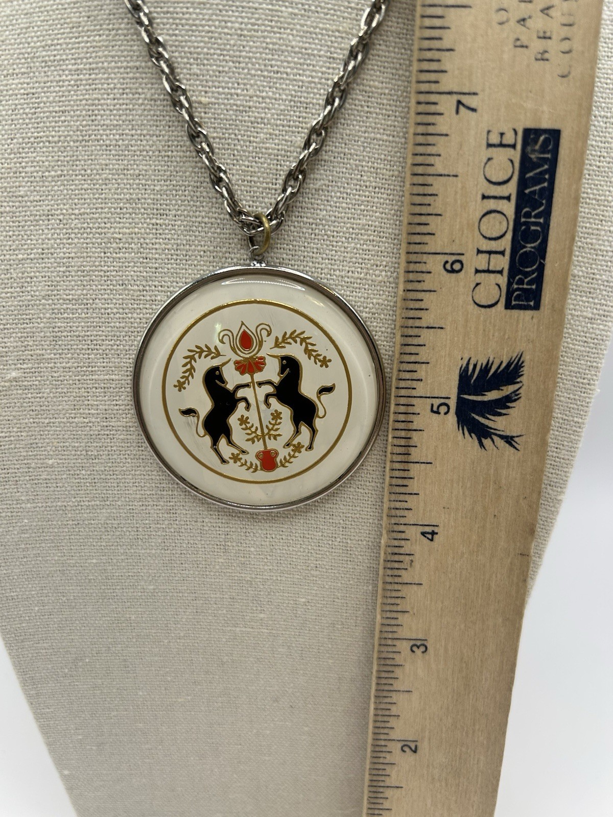 Vintage Pennsylvania Dutch Hex Sign Unicorn Pendant Necklace Folk Art Medallion