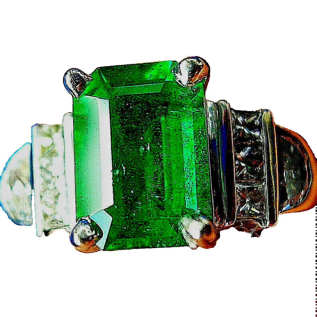 Original EARTH MINED EMERALD DIAMOND Deco Engagement Ring 14K GOLD Solitaire S 7