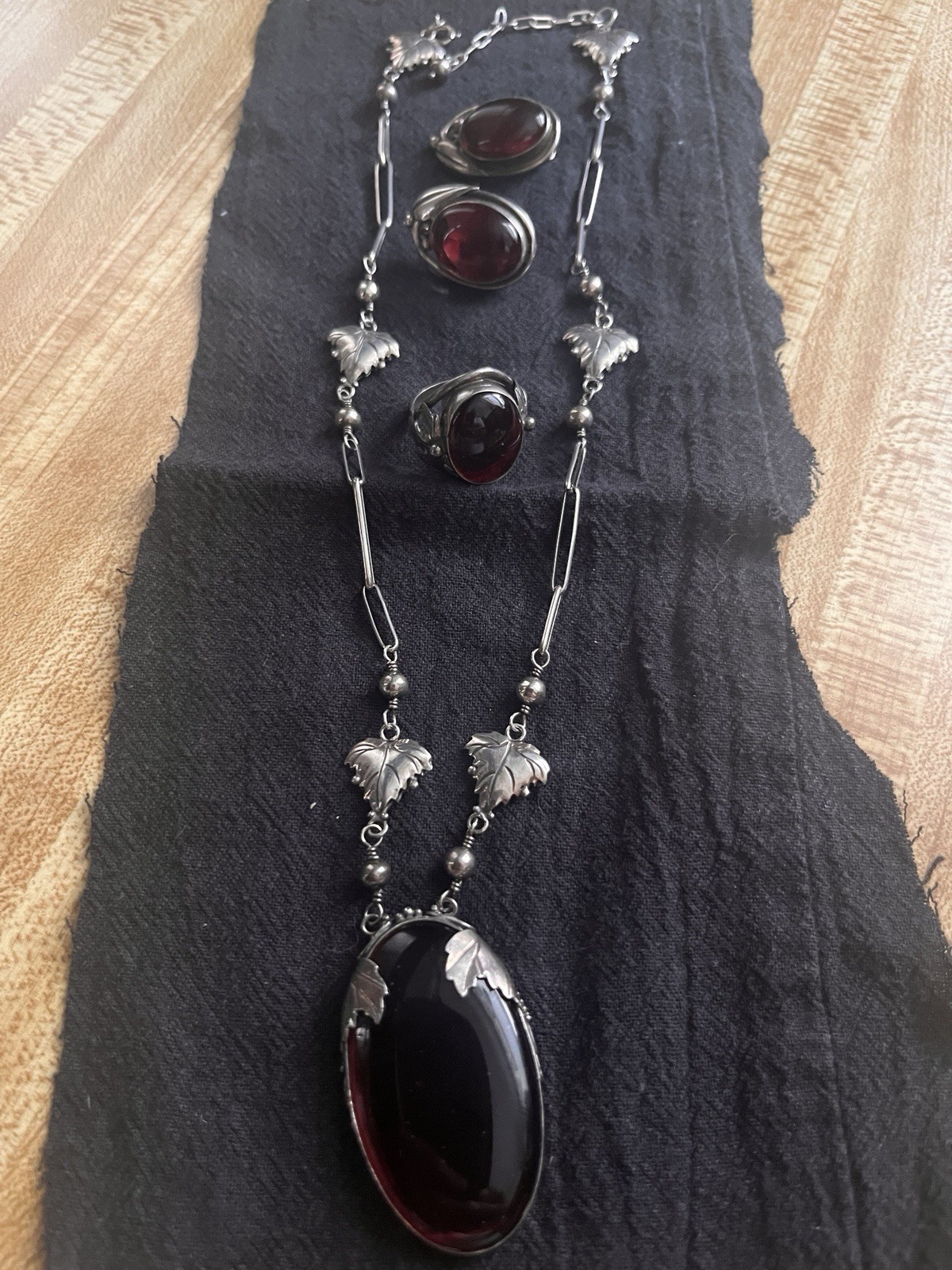 Silver Tone Red Oval Glass Stone Necklace Ring Earrings Jewelry Set for Women