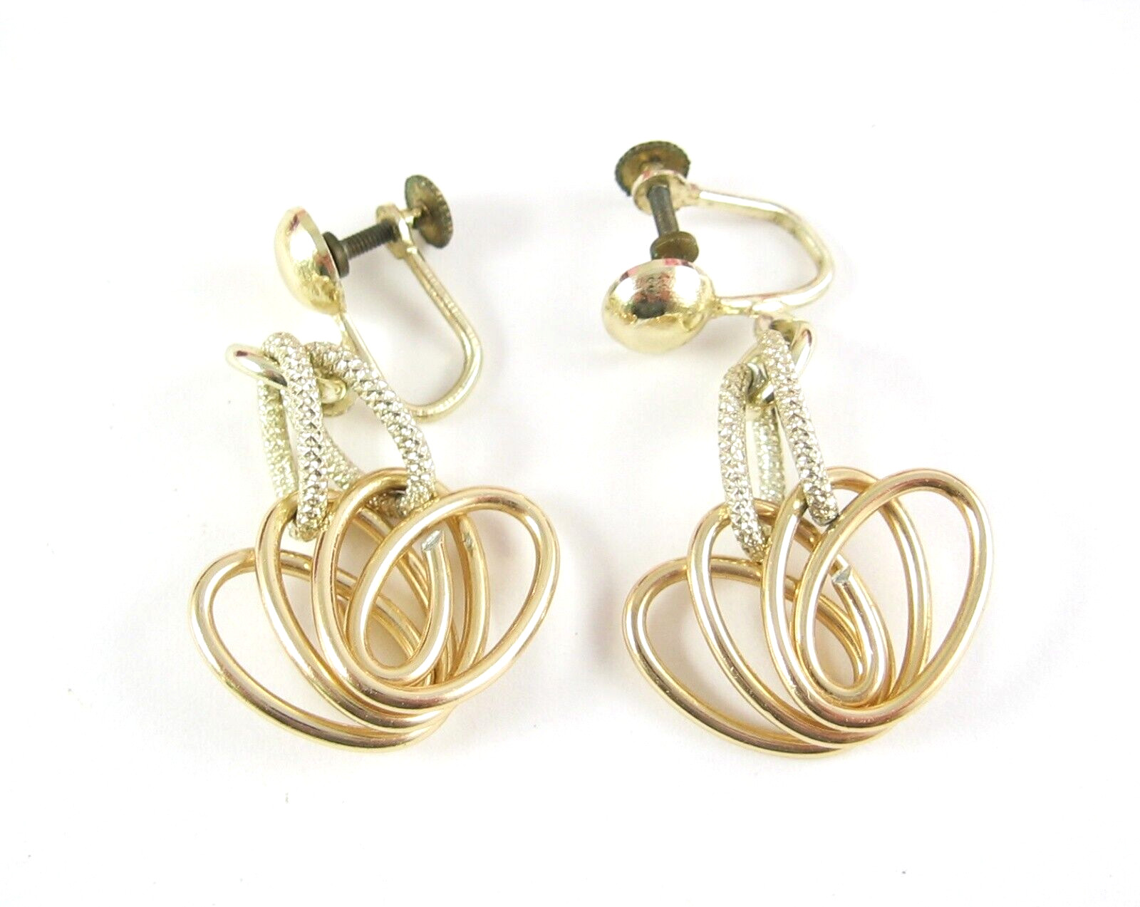 DANGLE GOLDTONE 3 Vintage Pairs EARRINGS Screwbacks Ivy Leaves Ovals 2 5/8″