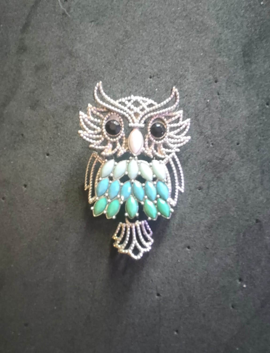 Large Vintage Owl Brooch Blue Green Enamel Rhinestone Silver Tone Bird Pin 64mm