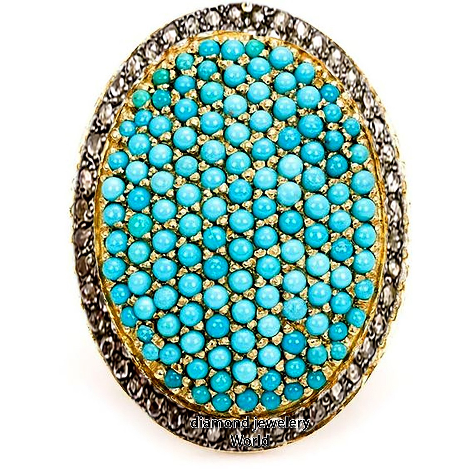 1.51ctw Rose Cut Diamond Turquoise Studded Silver Vintage Gorgeous Ring Jewelry