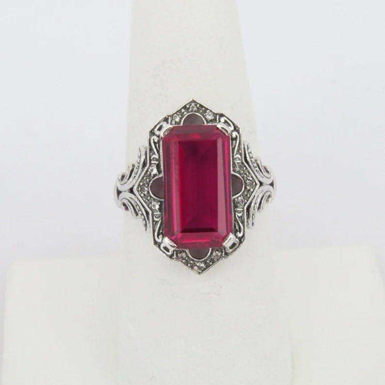 Vintage Victorian Style Ruby Gorgeous Estate Ring 935 Silver Antique Jewelry