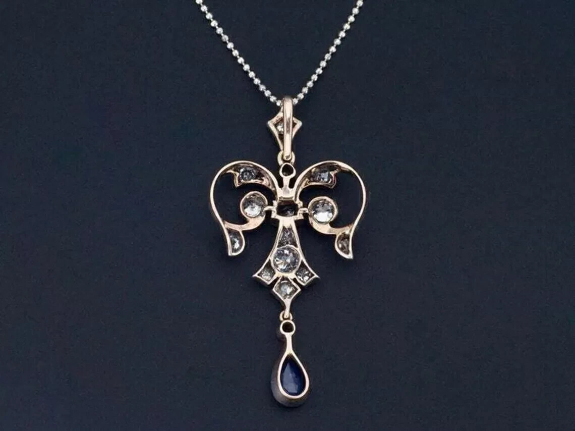 Art Deco Style Sapphire Lab Created Diamond Wedding 14k White Gold FN Pendant