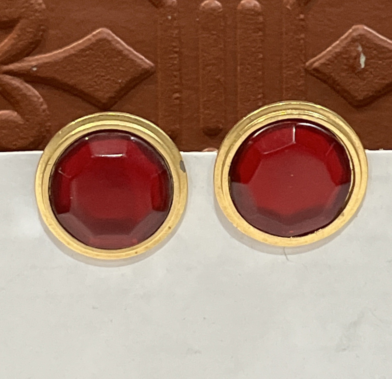 Vintage Yves Saint Laurent earrings Resin Ruby Stone Pierce Gold Tone Round