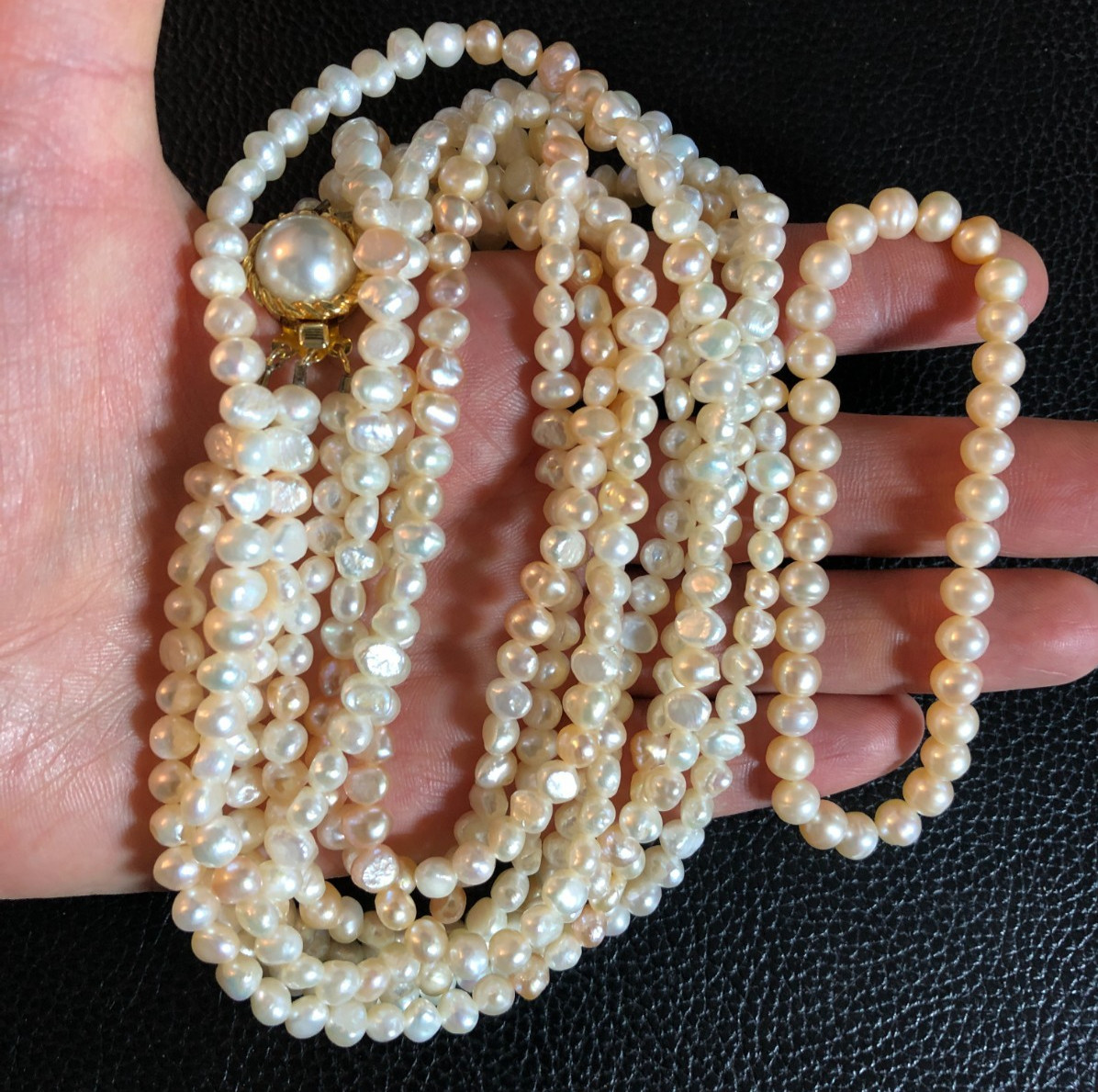 Vintage Peach Cream Cultured Pearl Multi Strand Necklace +Stretch Bracelet P9