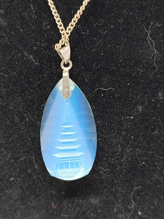 Japan Blue Intaglio Pagoda Opaline Glass Sterling Silver Pendant+Screw Earrings