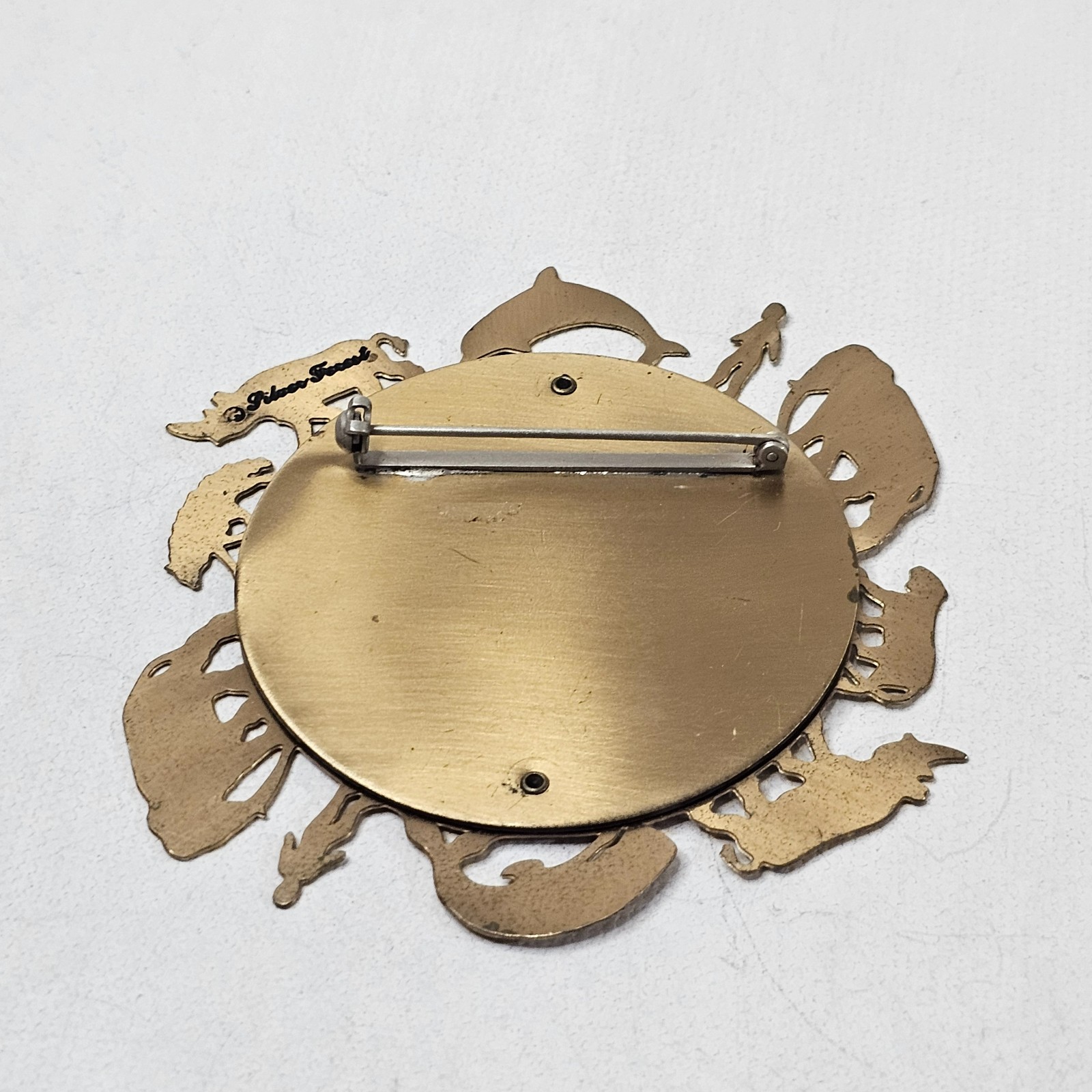 Vintage Signed Silver Forest One World Earth Brooch Brass Cut-Out Animals Trees