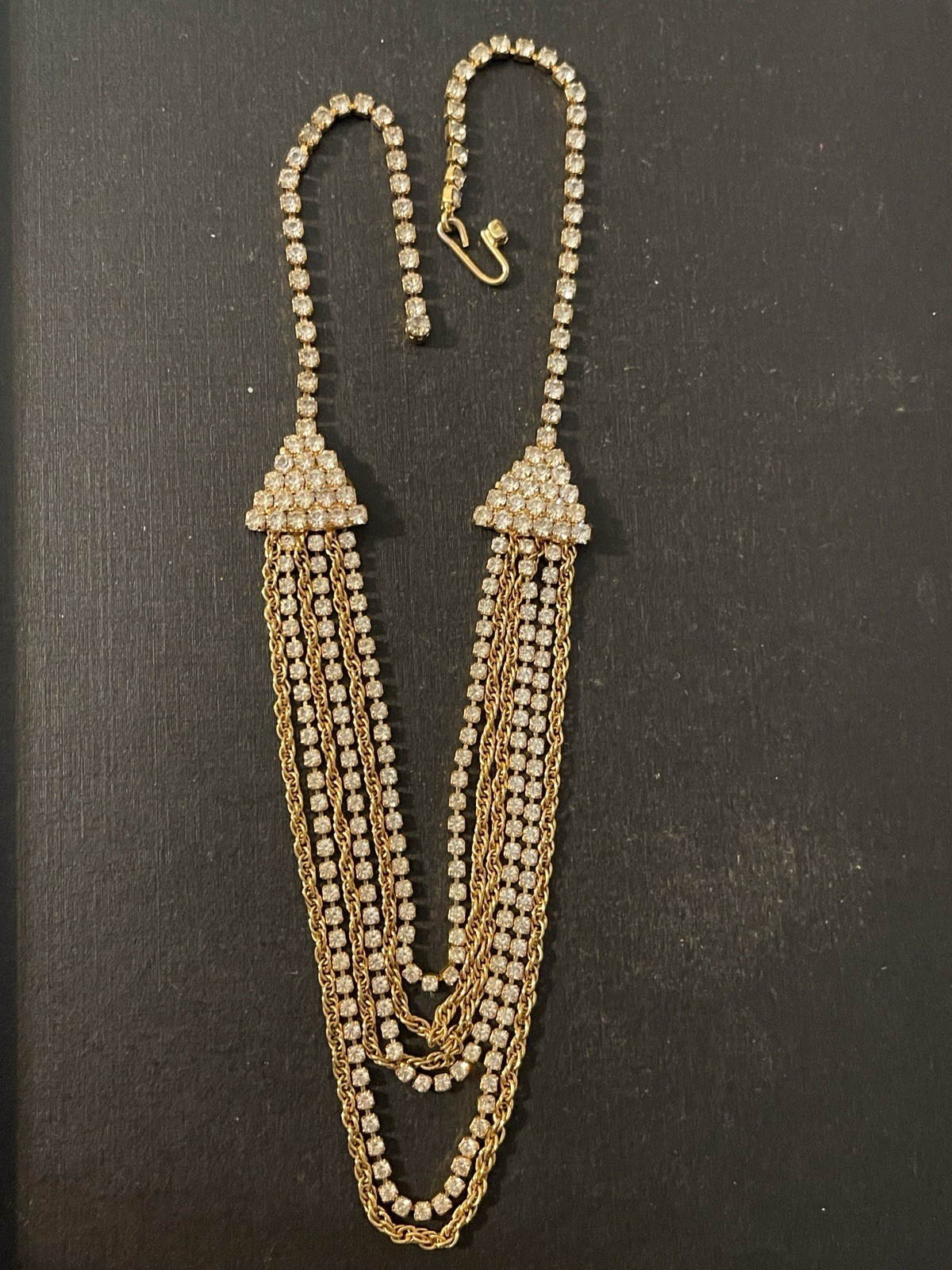 Vintage Multi-Strand Waterfall Rhinestone & Gold Chain Statement Necklace