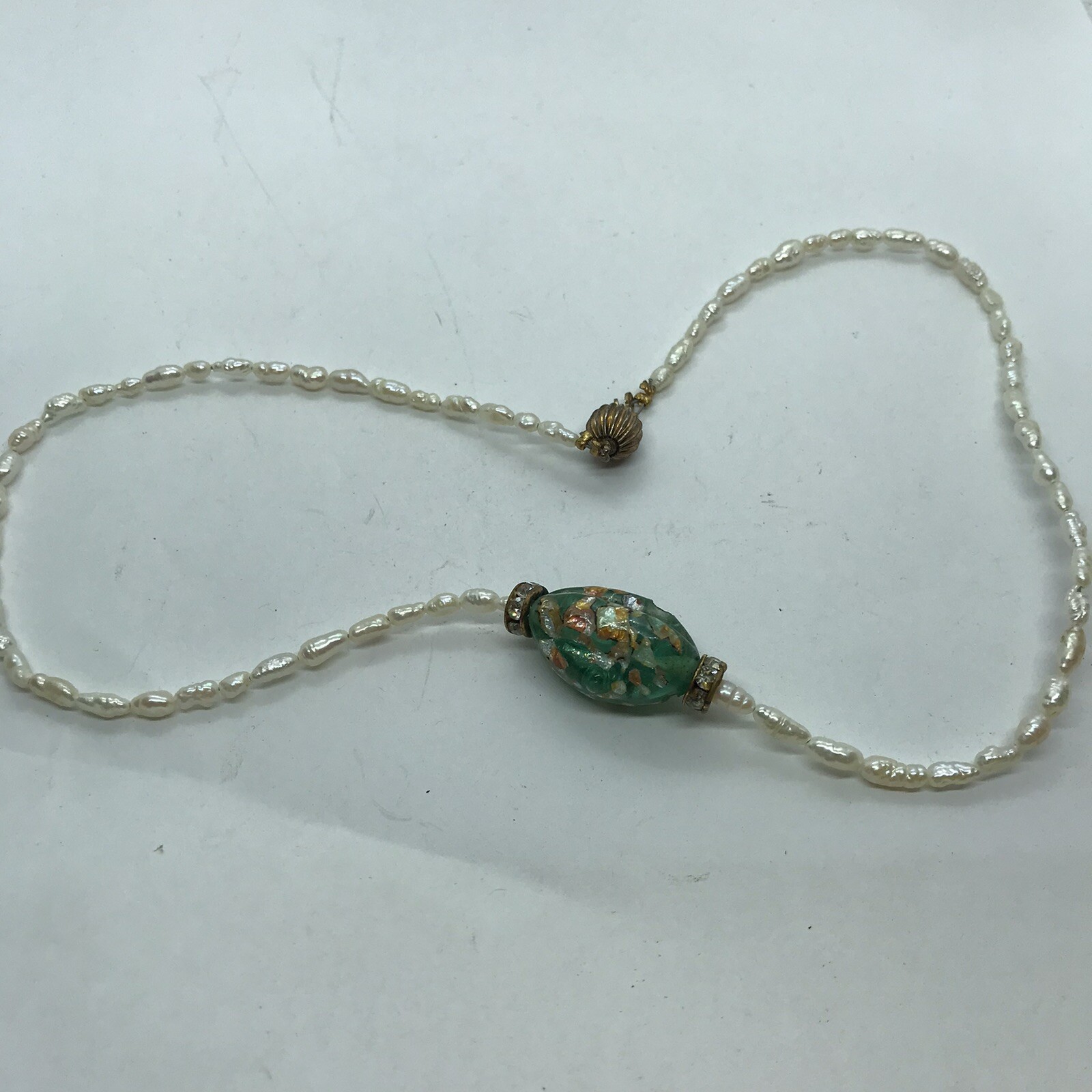 Vintage Artisan Baroque Pearl Dainty Strand Necklace Green Foil Art Glass Beach