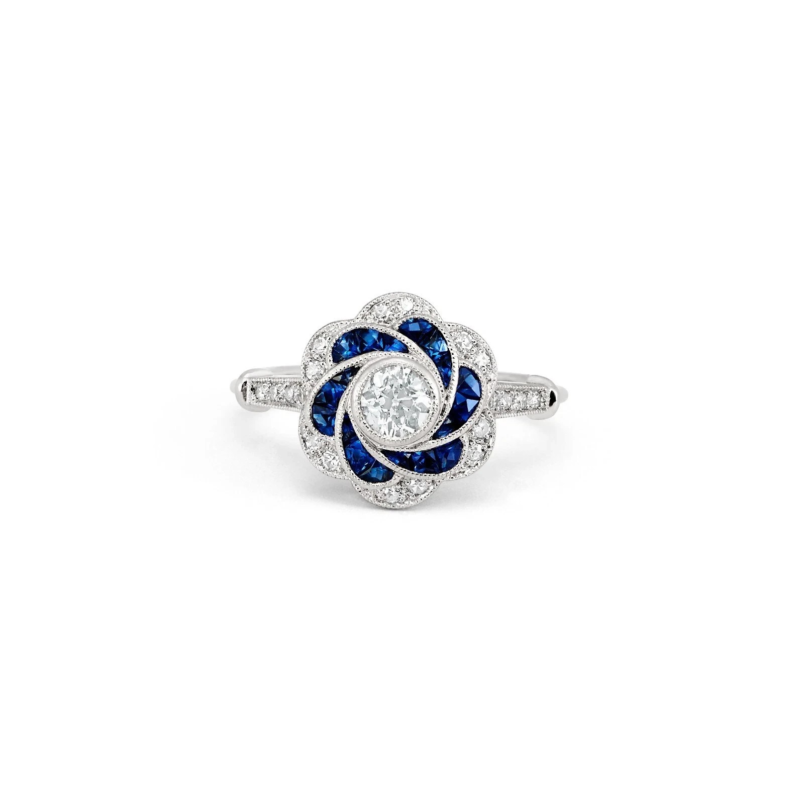 Art Deco Style Lab Created Diamond & Sapphire Anniversary 14K White Gold FN Ring