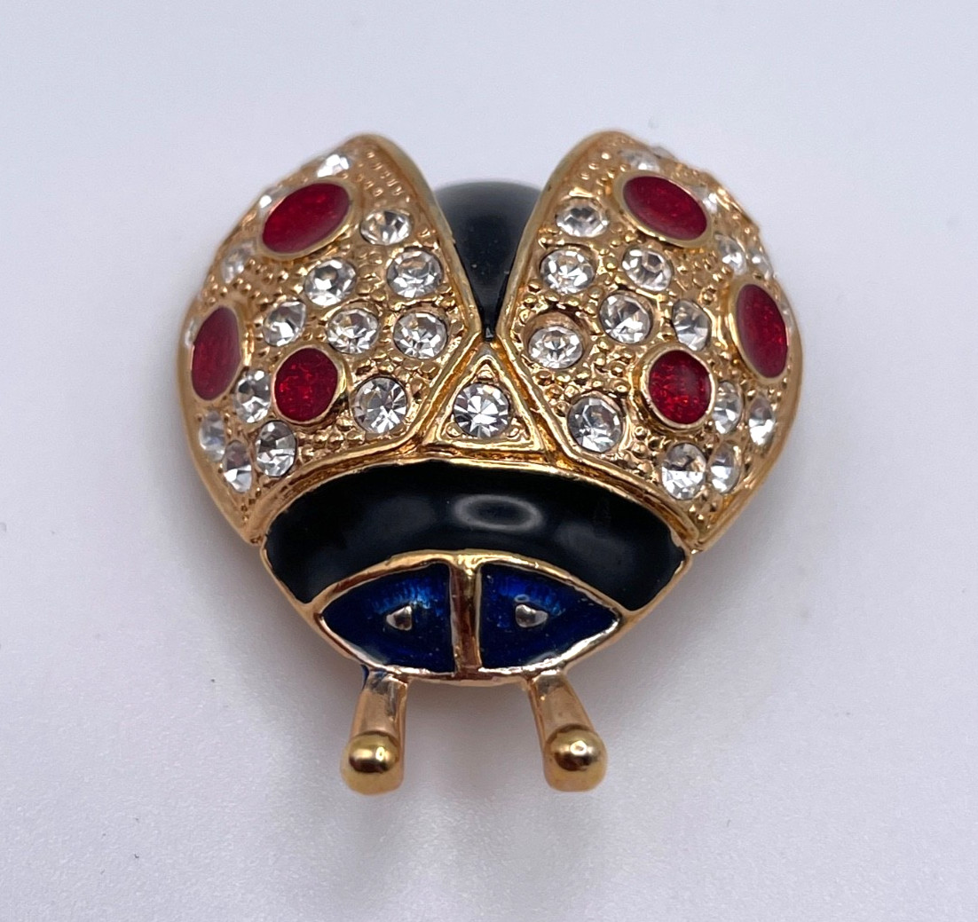 Vintage Roman Signed Gold Tone Ladybug Brooch Pin Red Clear Rhinestones Enamel