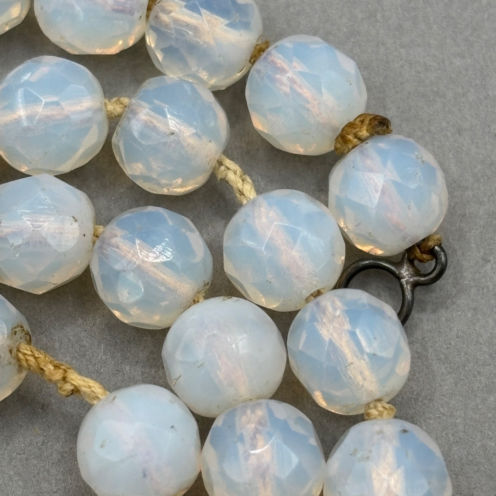 Vintage Opaline Opalite Beaded Necklace Faceted Art Glass Hand Knotted 18″
