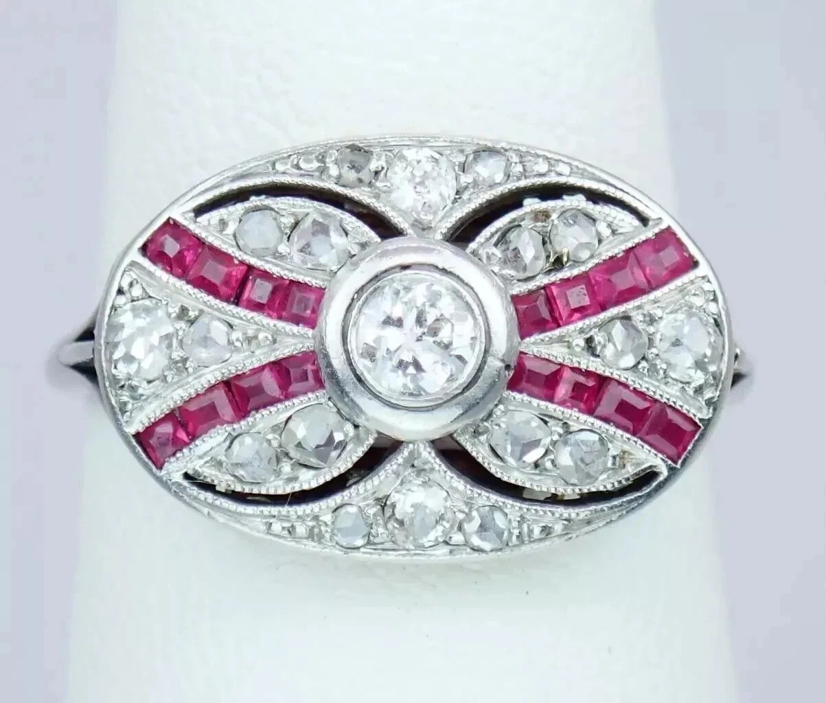 Art Deco Round Cut Lab Created Diamond & Ruby 14K White Gold Finish Wedding Ring
