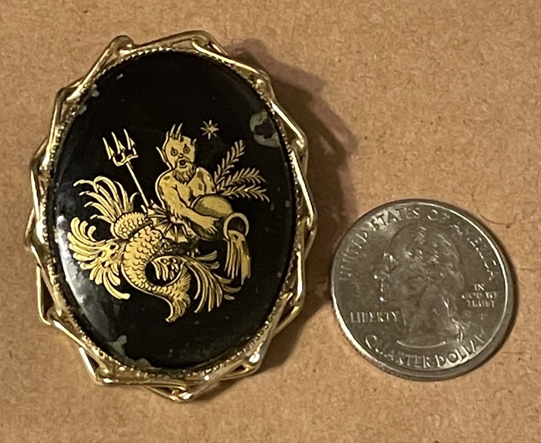 Vintage Merman Devil Neptune Zodiac Aquarius Black & Gold Oval Pendant Brooch