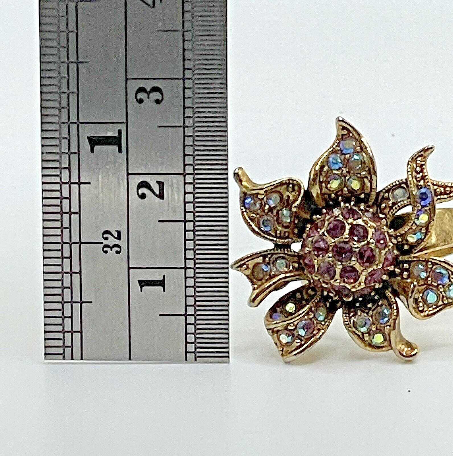 Sunburst AB Crystal Sunflower Gold Expandable Cocktail Ring Vintage Estate Piece