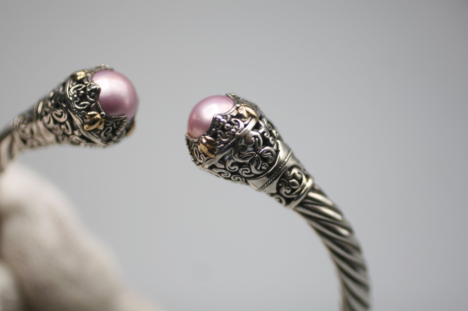 ROBERT MANSE STERLING SILVER 18K GOLD INDONESIA PINK PEARL CUFF BRACELET P4