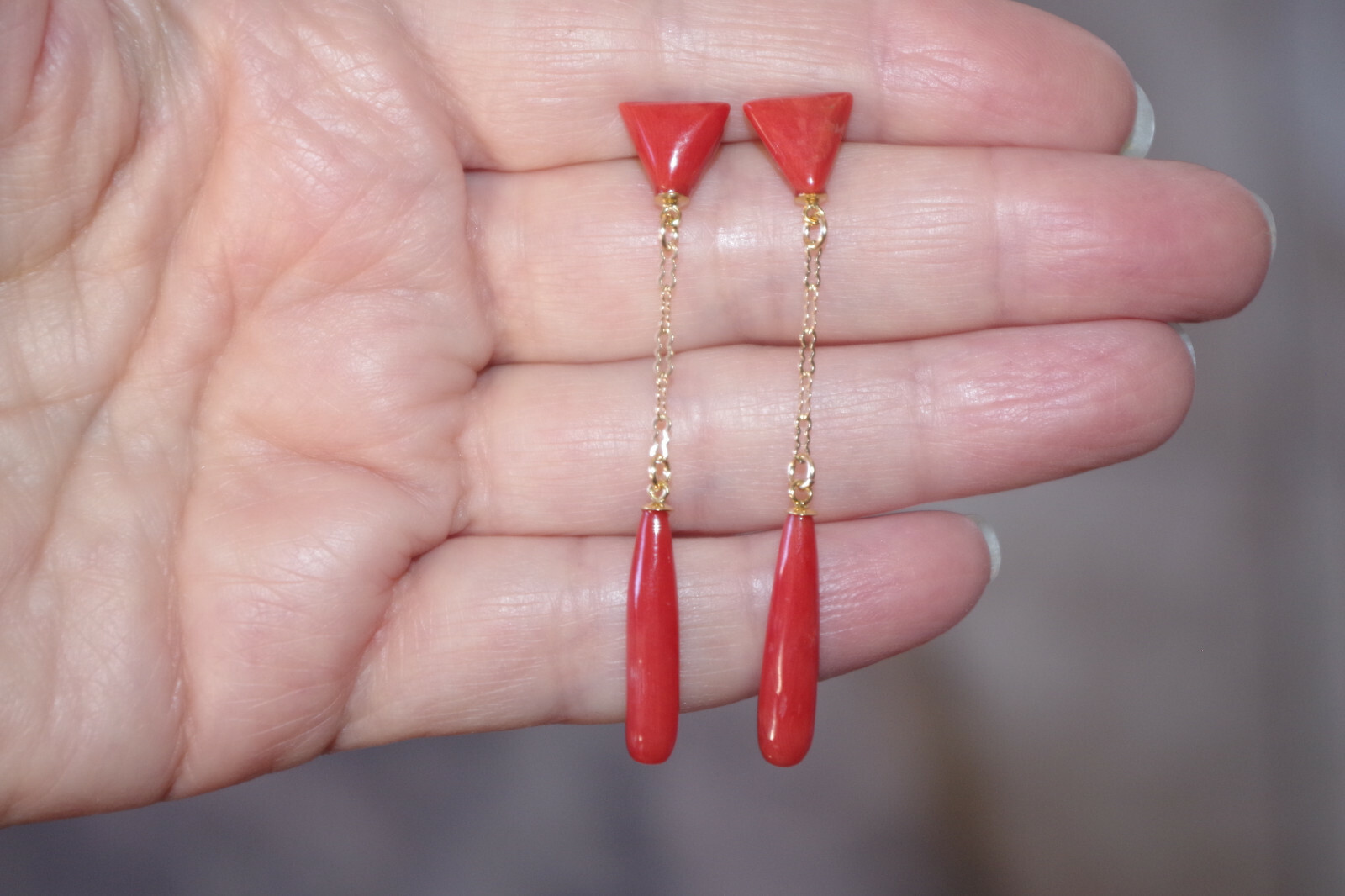14K 52MM Ox Red Italian Triangular Stud Coral Teardrop Earrings Made to Order