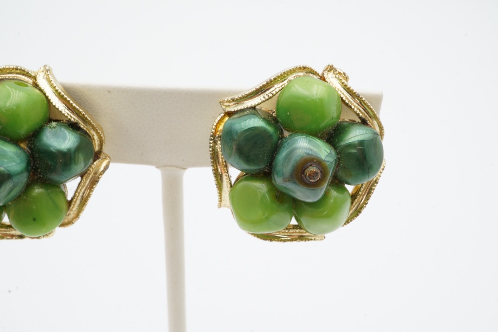 Vintage Clip On Earrings Gold Tone Green Stone