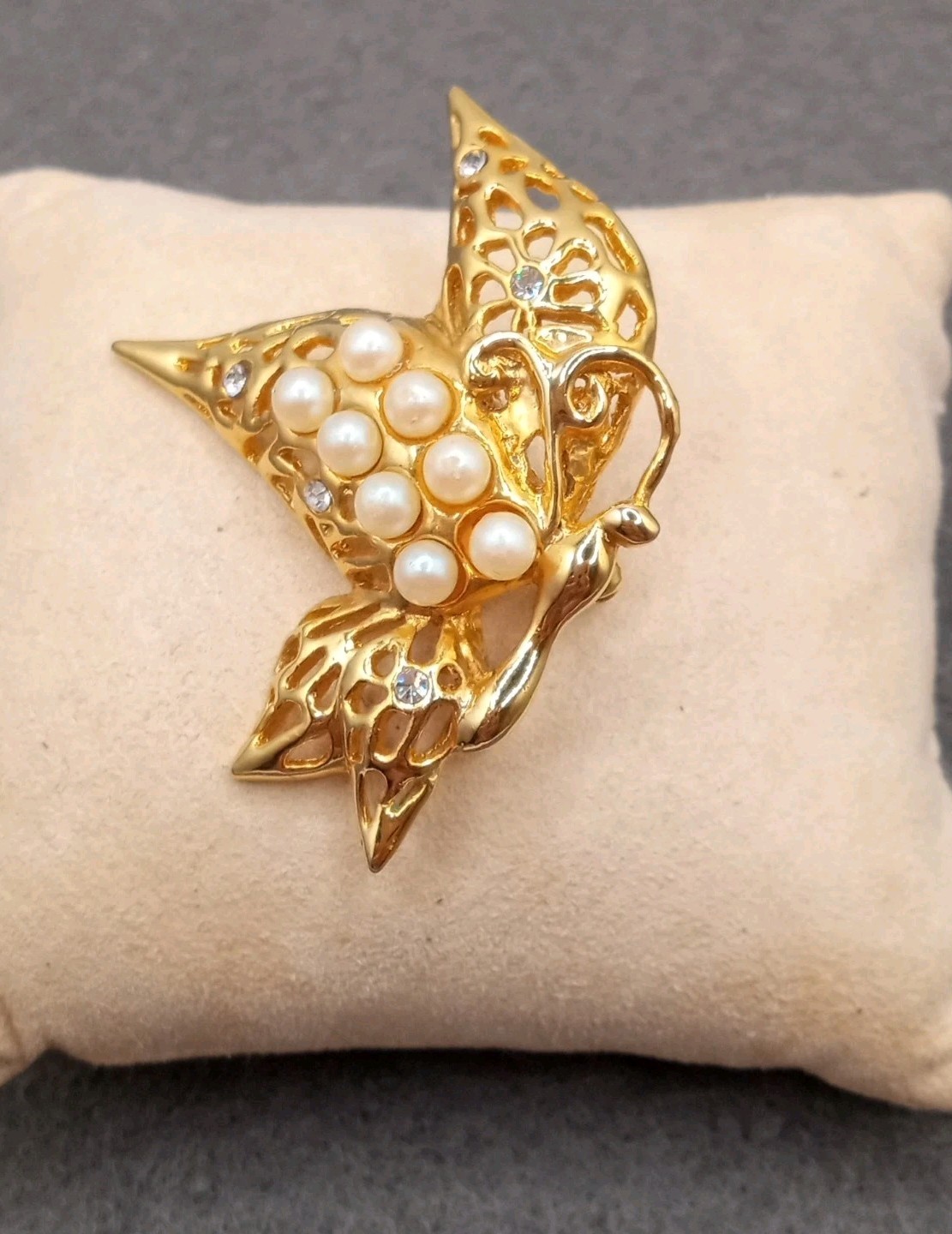 Filigree Butterfly brooch, Faux Pearls, Rhinestones, Vintage Gold Tone