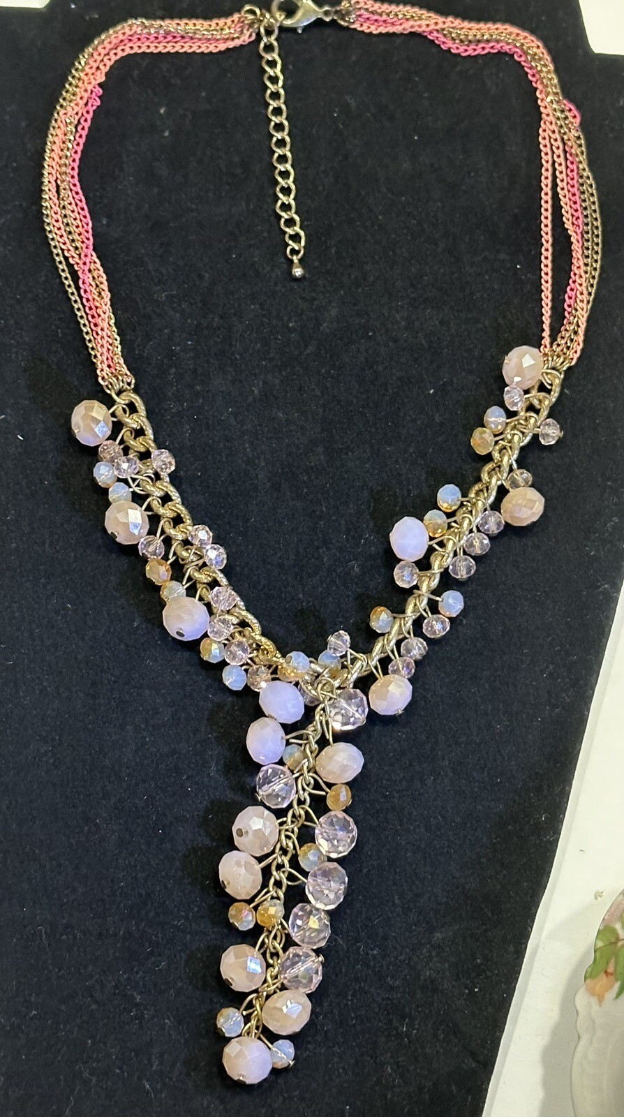 Rose & Pink Gold Tone Beaded Necklace – Vintage Costume Jewelry – Sparkly