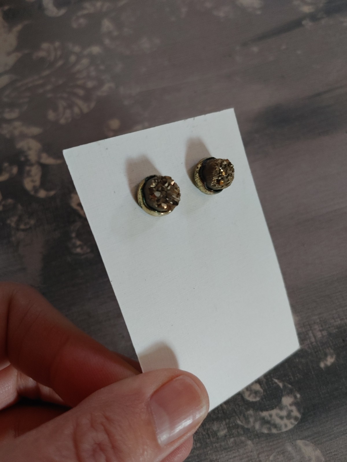 Vintage post earrings 9mm golden pyrite crystal in brass plated copper setting