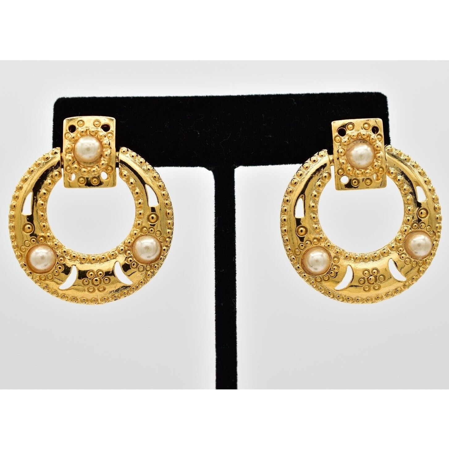Vintage Dangle Earrings Gold Floral Pearl Door Knocker USA Made NOS 1980s 9M