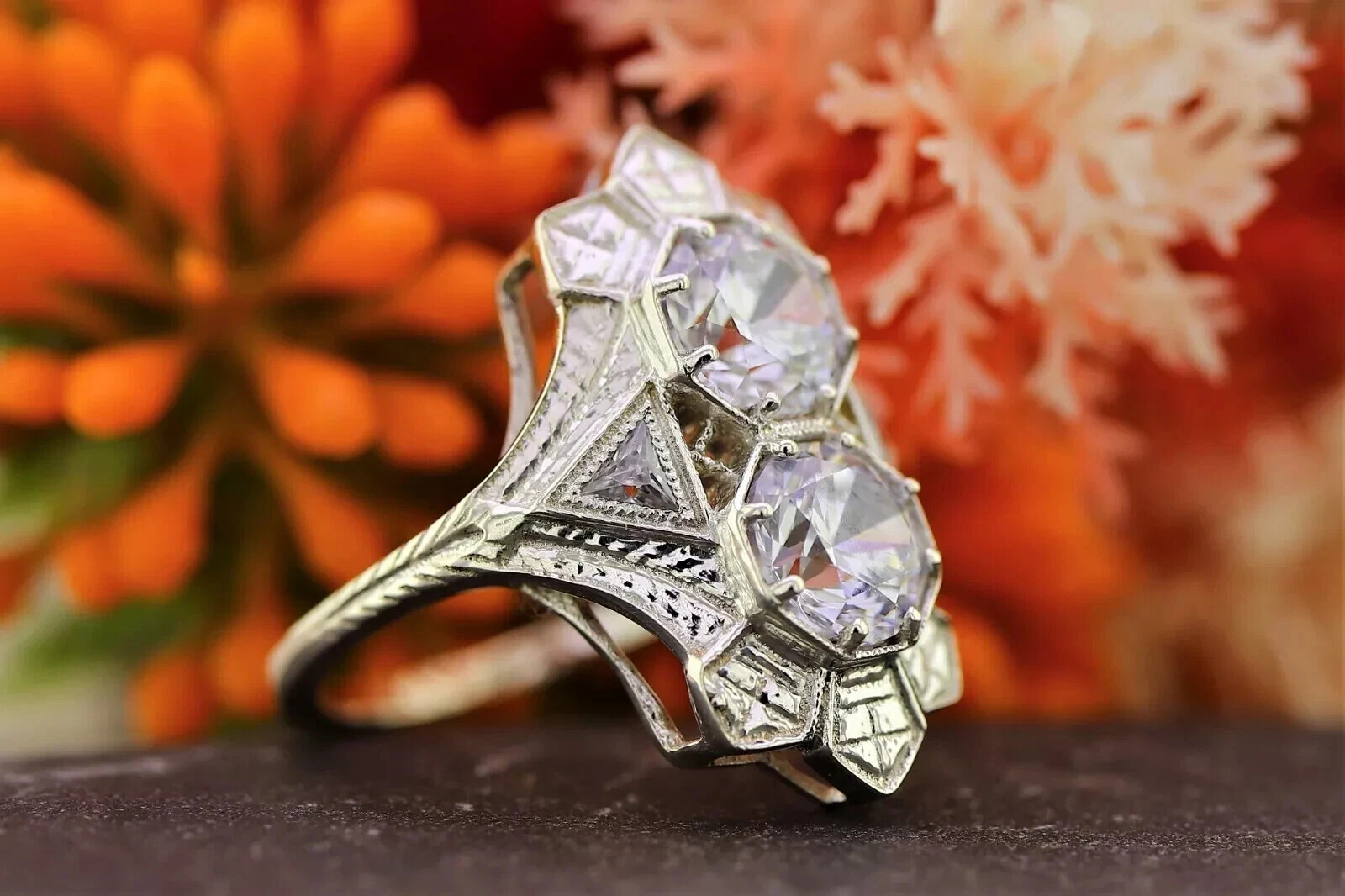 Art Deco Round Lab Created Diamond Two-Stone 14K White Gold FN Engagement Ring