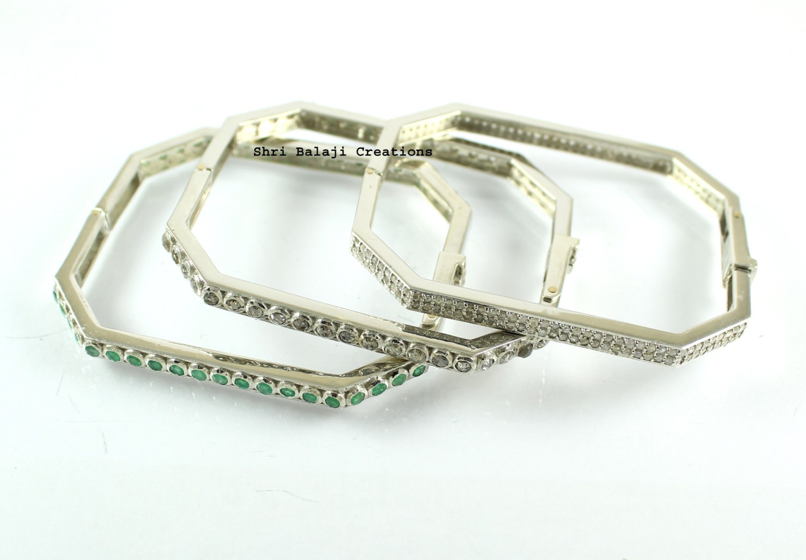Natural Rosecut Diamond Emerald 925 Sterling Silver Bangle Jewelry