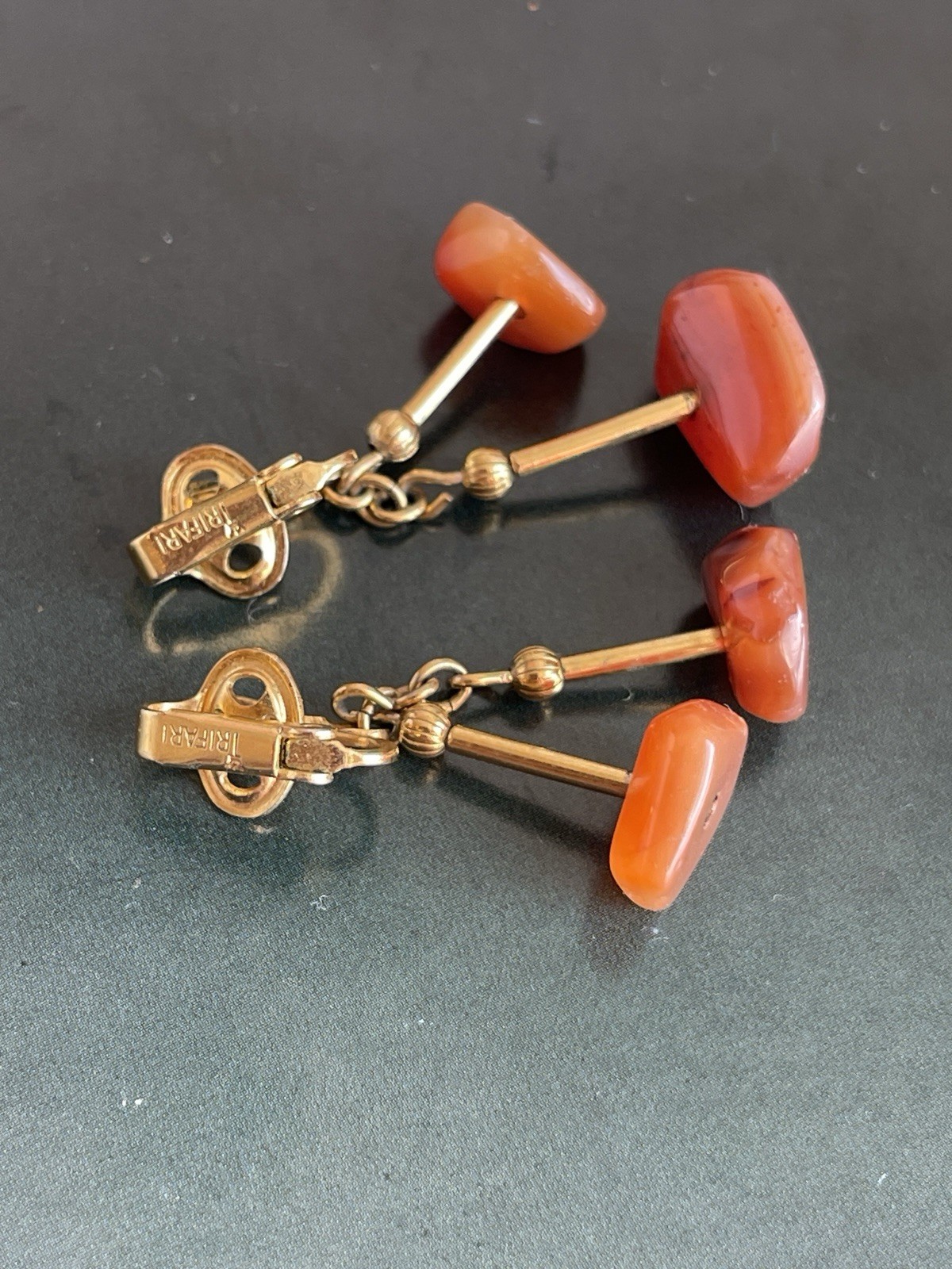 Vintage signed Trifari red bead dangle slip-on earrings gold tone