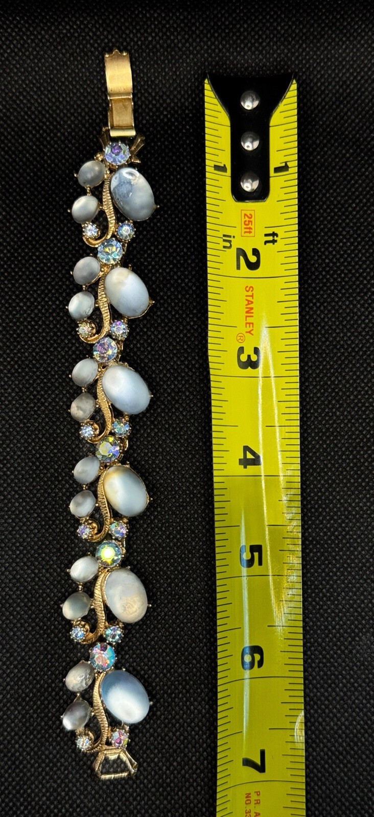Vintage Blue Moonstone Cabochon Bracelet AB Rhinestones Gold Tone Mid Century