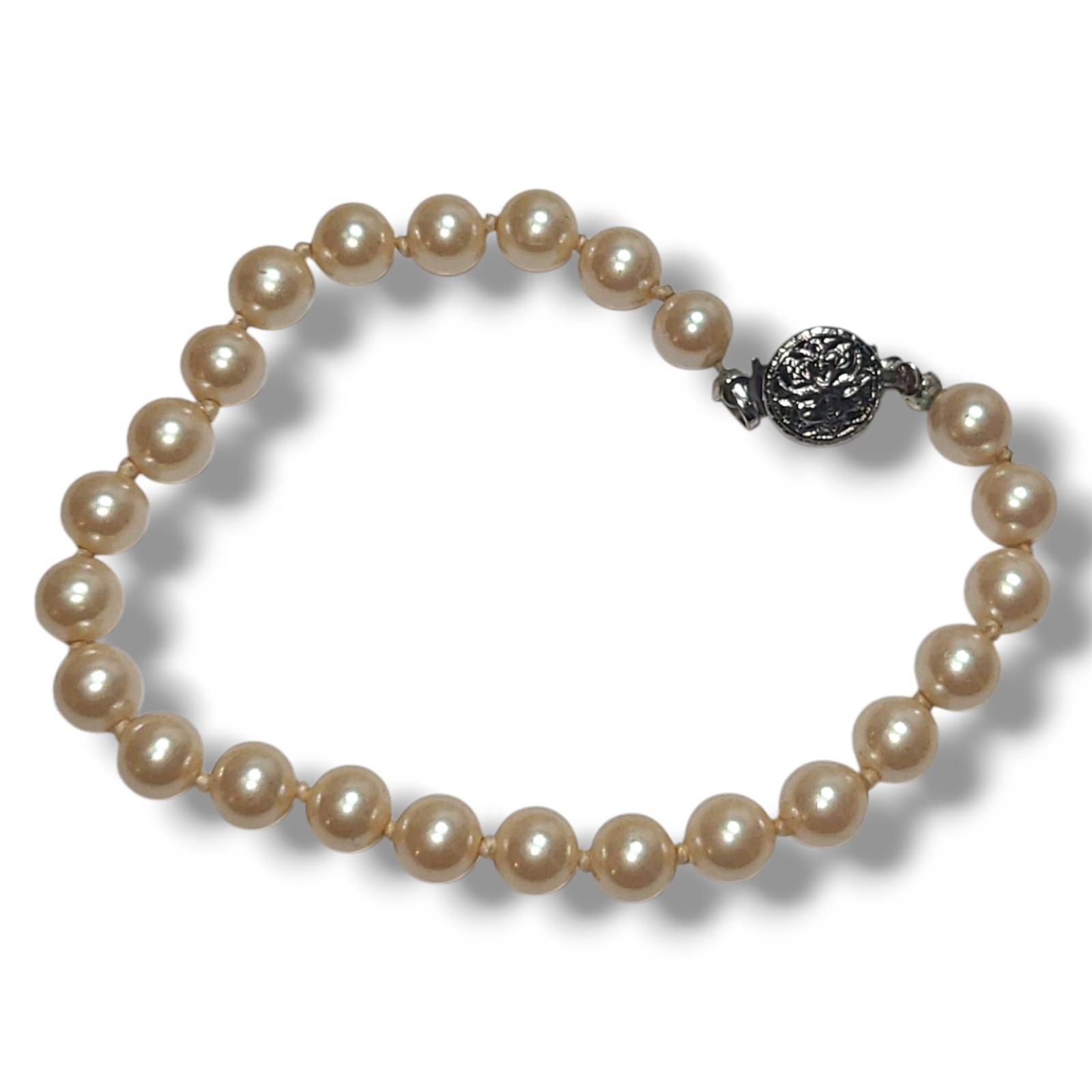 Nice Pale Pink Faux Pearl Hand Tied Bracelet Fancy Clasp 6mm 7″