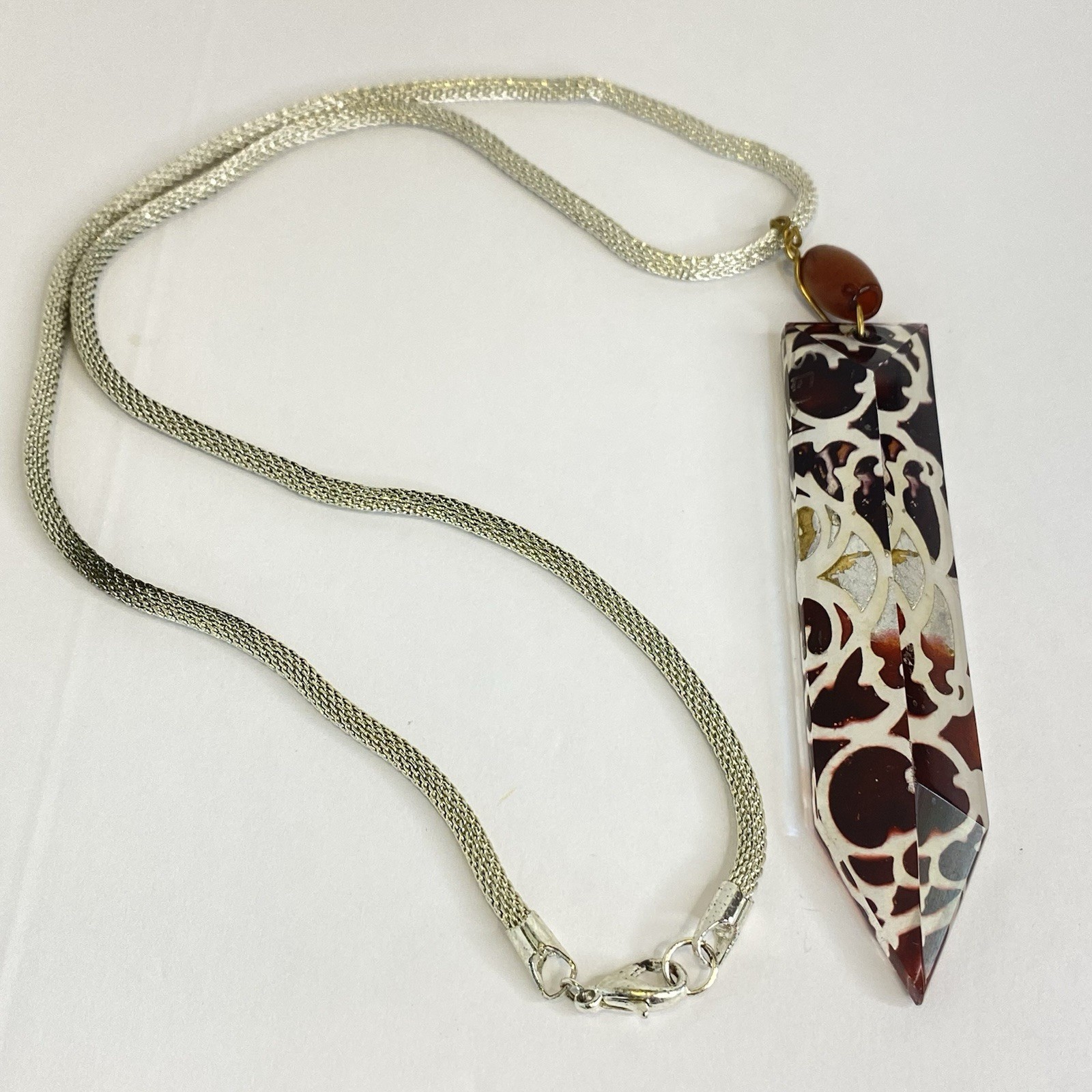 Vintage Artisan Glass Pyramid Pendant Necklace Silver Tone Chain Signed OOAK