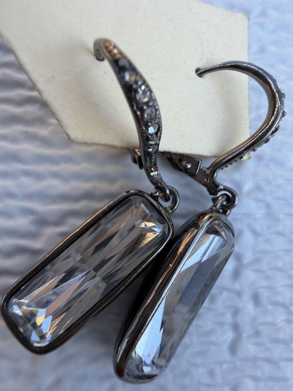 Vintage Givenchy Crystal Drop Earrings Gunmetal Signed Designer Logo