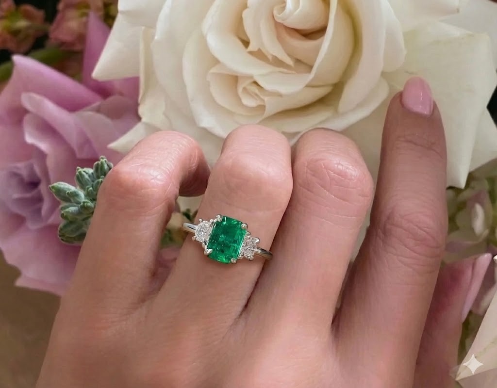Vintage 14k White Gold Engagement Ring 1.24ct. Natural Green Emerald