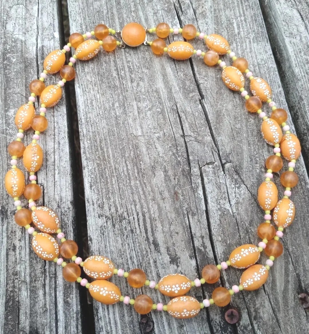 VTG 1960’s Costume Necklace 2 Strand Floral Beaded Metal Safety Latch Hong Kong