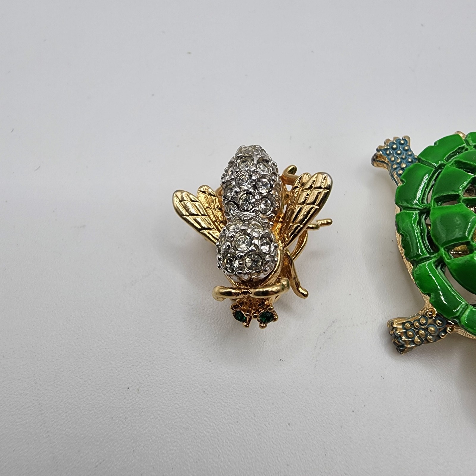 Vintage Brooch Set Turtle & Fly Bee Bug Pins Enamel Animal Rhinestone Gold Toned