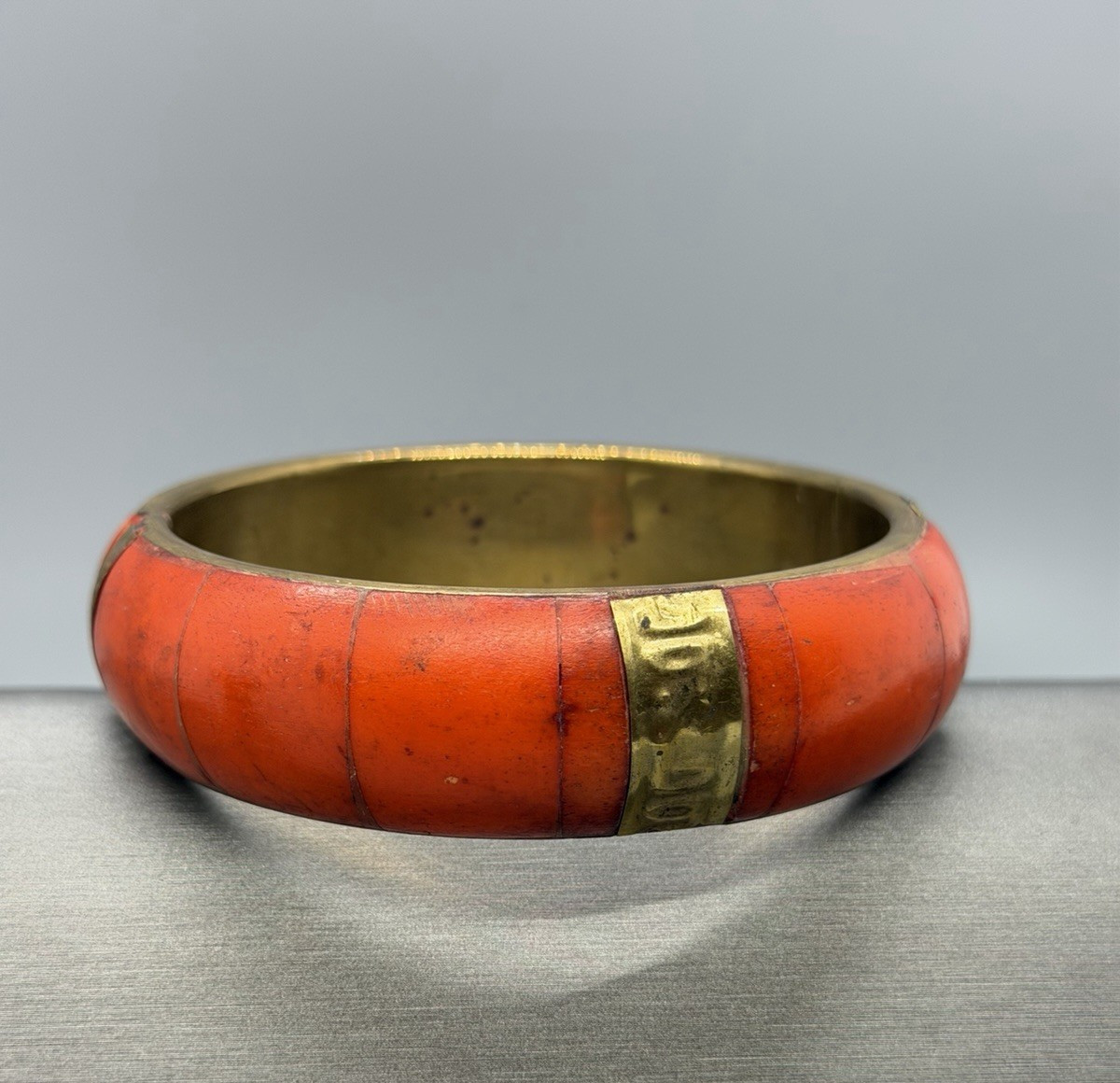 Orange Wood And Brass Textured Made In India Bangle Large Size 9″ Stacker