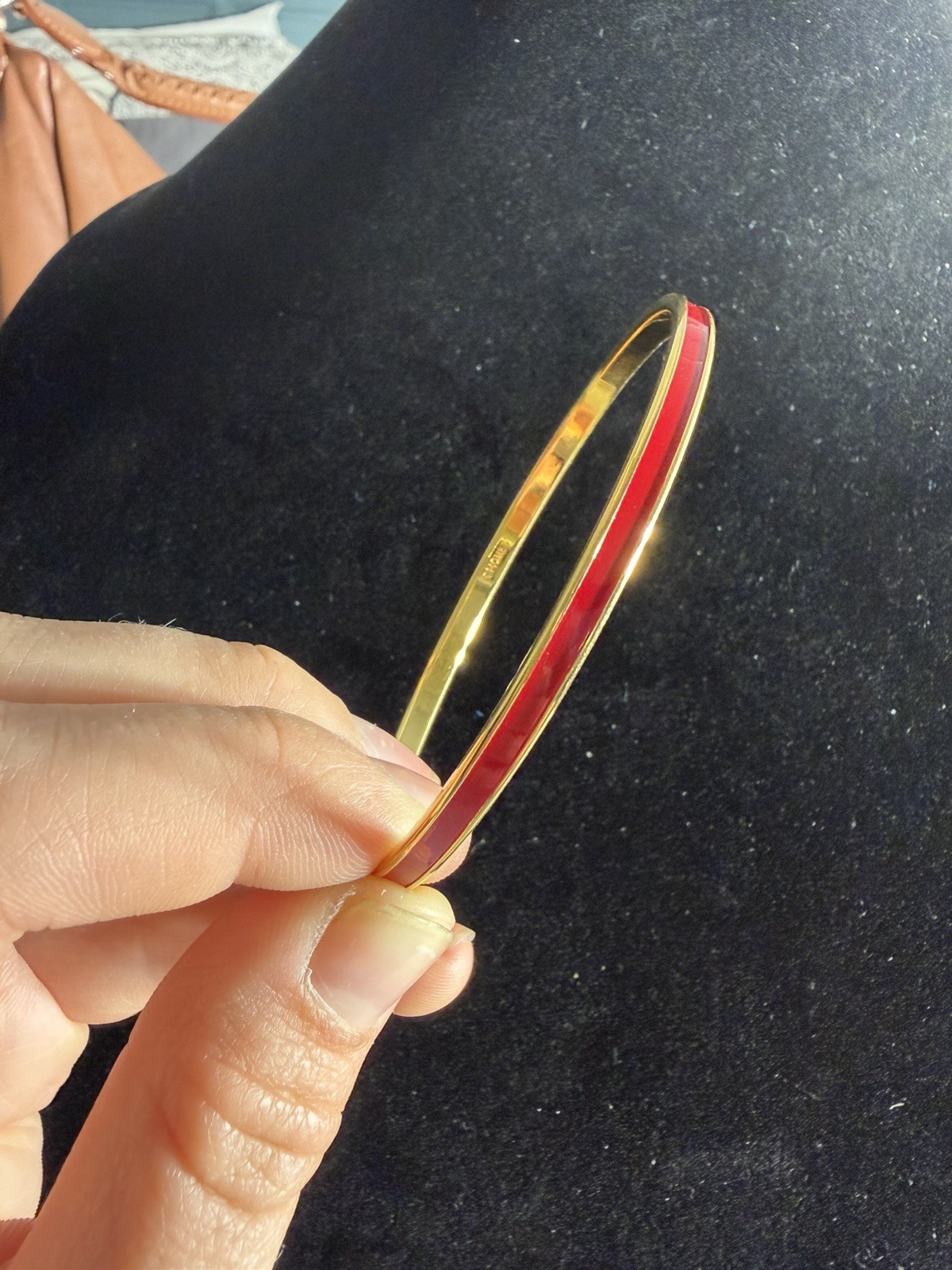 Vintage Monet Red Enamel Gold Tone Bangle Bracelet Slim Stackable Bracelet