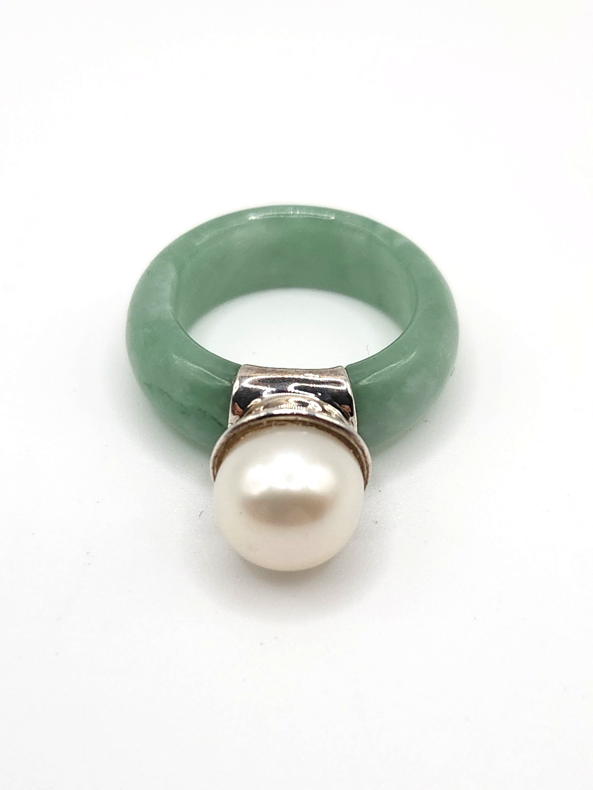 Vintage 925 China Green Jade Jadeite 6.5 Mm Pearl Ring Statement Piece Runway