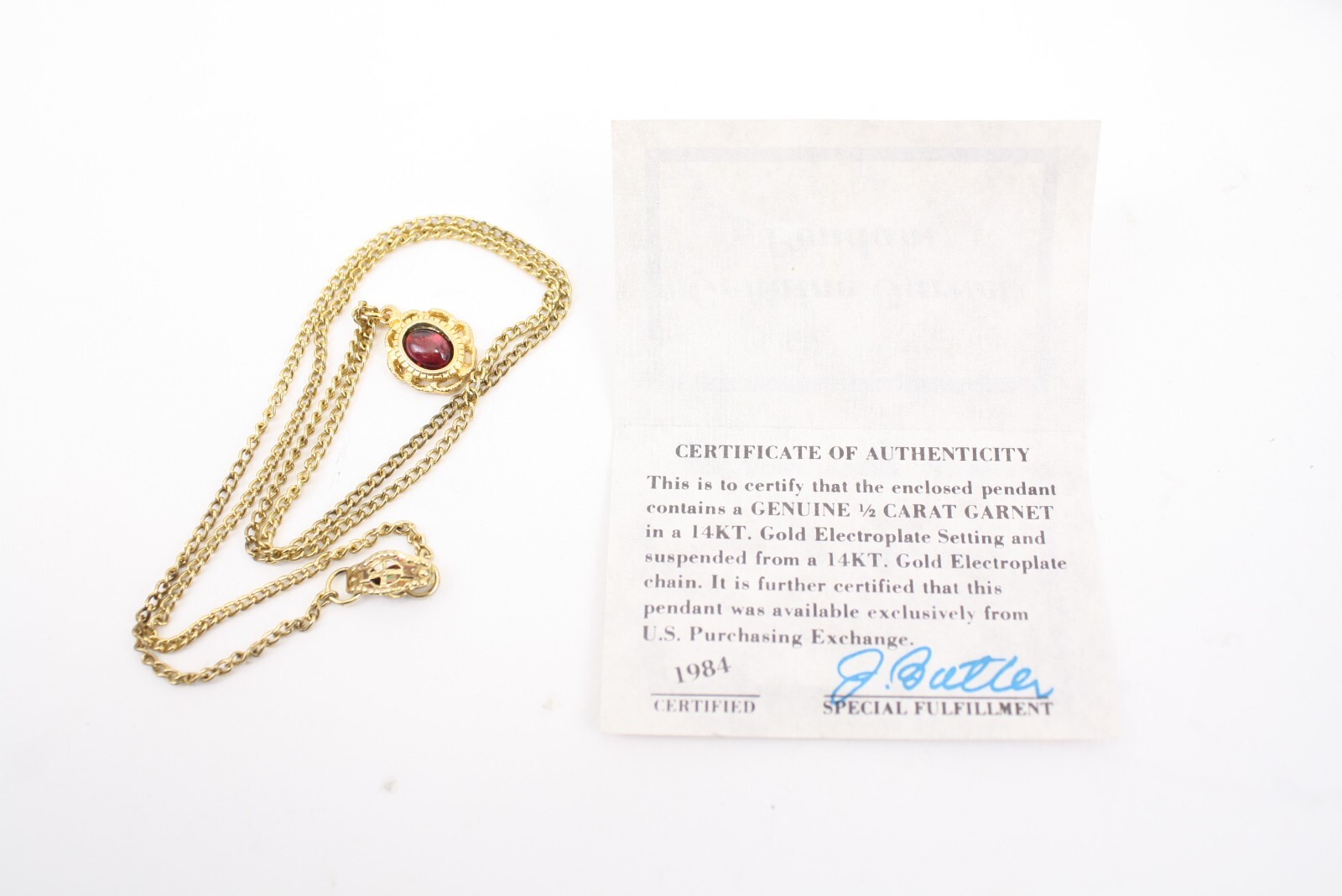 1984 Ronte Beverly Hills 1/2ct Garnet 14k Gold Electroplate Necklace Pendant COA