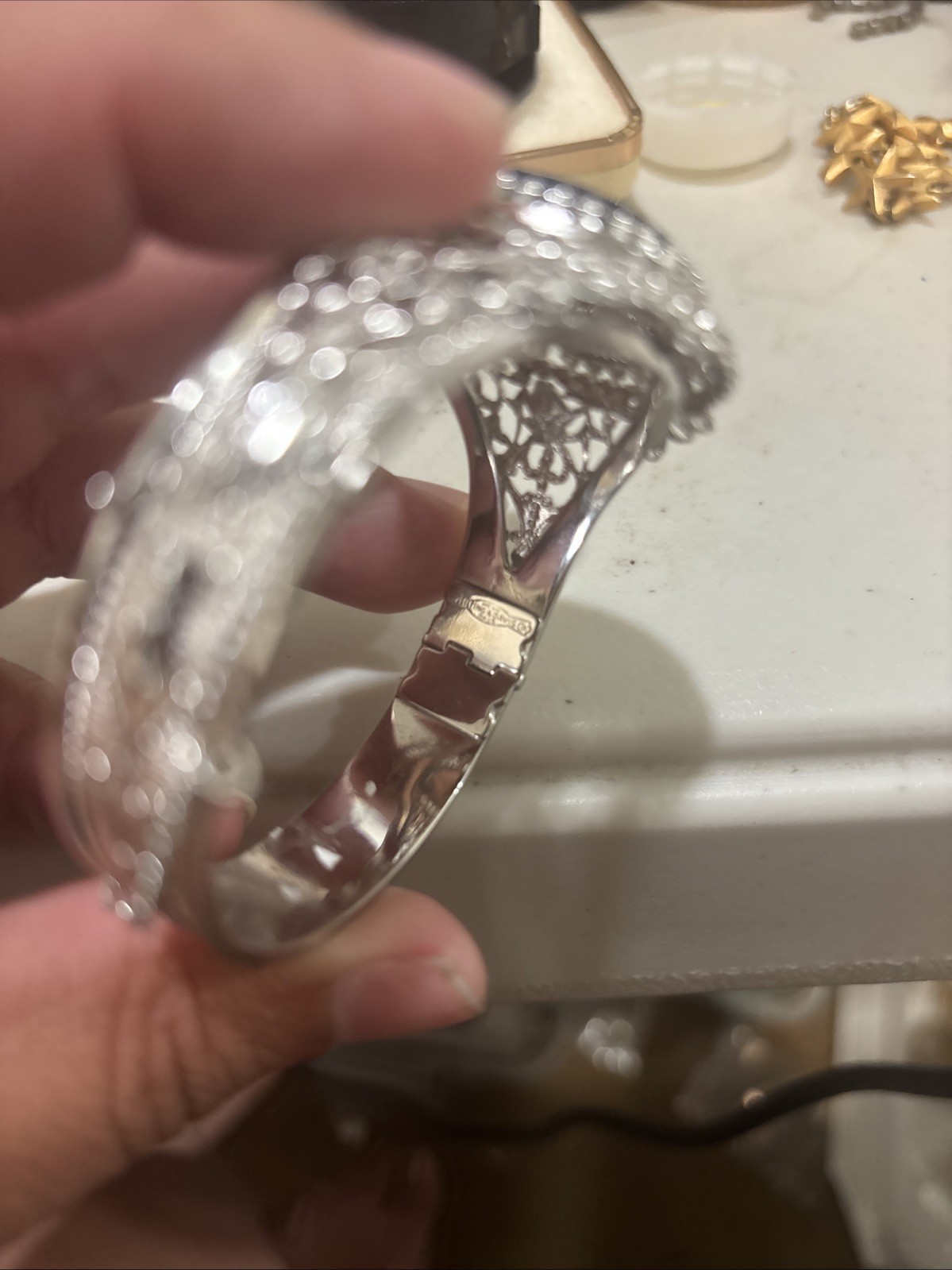 Vintage Whiting Davis Hematite Silver Tone Ornate Hinged Cuff Bracelet